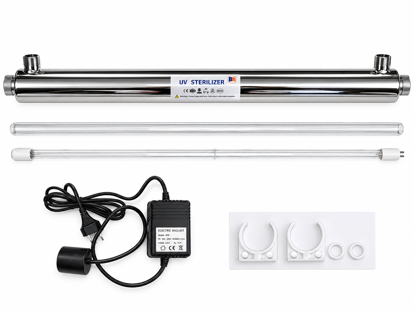 Esterilizador UV-C AMALGAM de 55 W con lámpara, cuarzo, balasto, soportes y juntas
